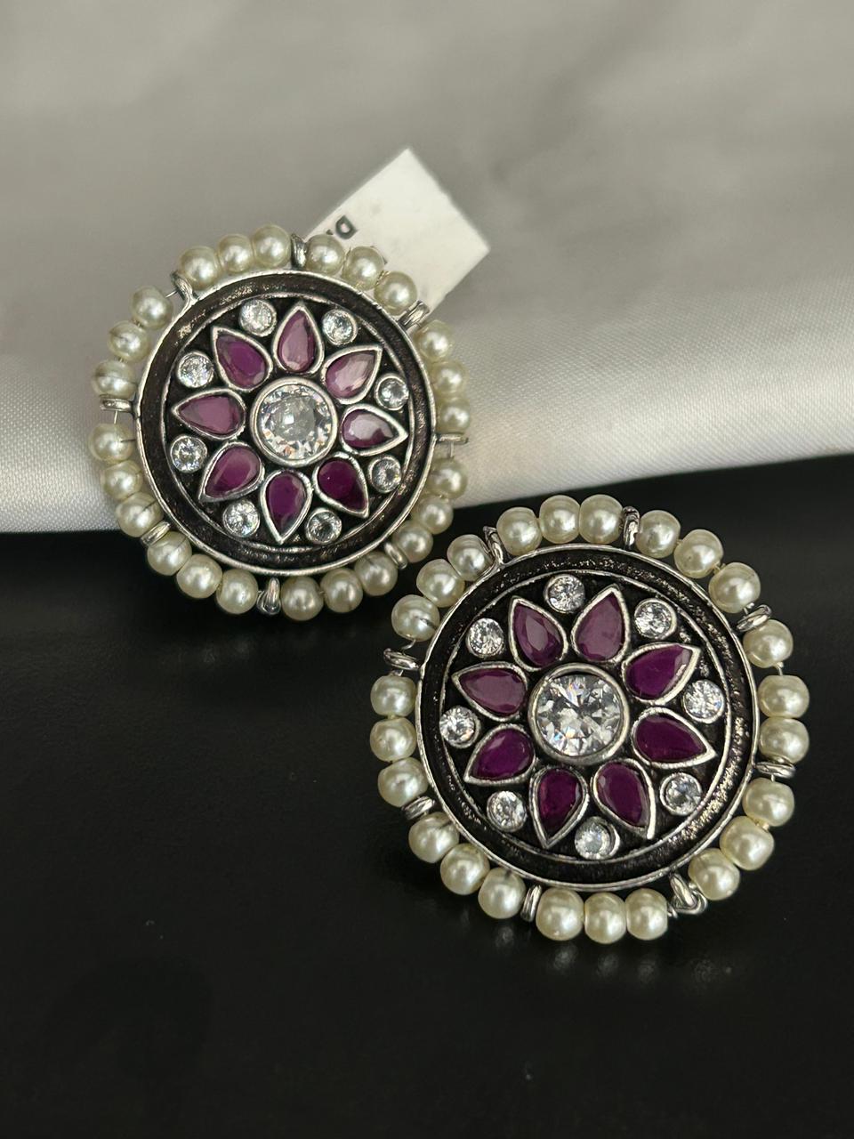 Oxidized Floral Stud Earrings with Ruby Stones & Pearl Border